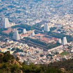 Town Tiruvannamalai with Arulmigu Arunachaleswarar Temple, Tamil Nadu, India. Aerial view.