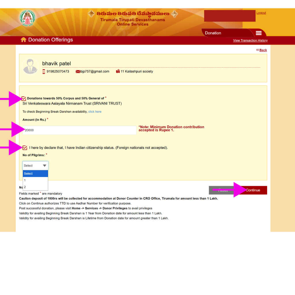 step 5 how to make srivani vip break darshan donation