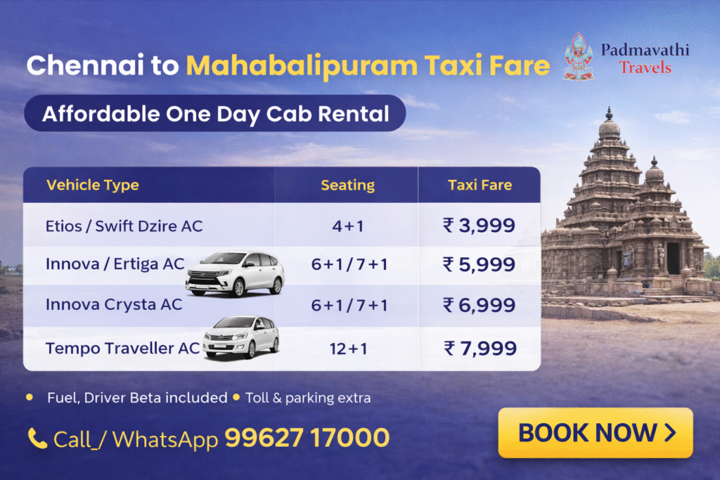 Chennai to Mahabalipuram Taxi Fare – One Day Car Rental Tour Package