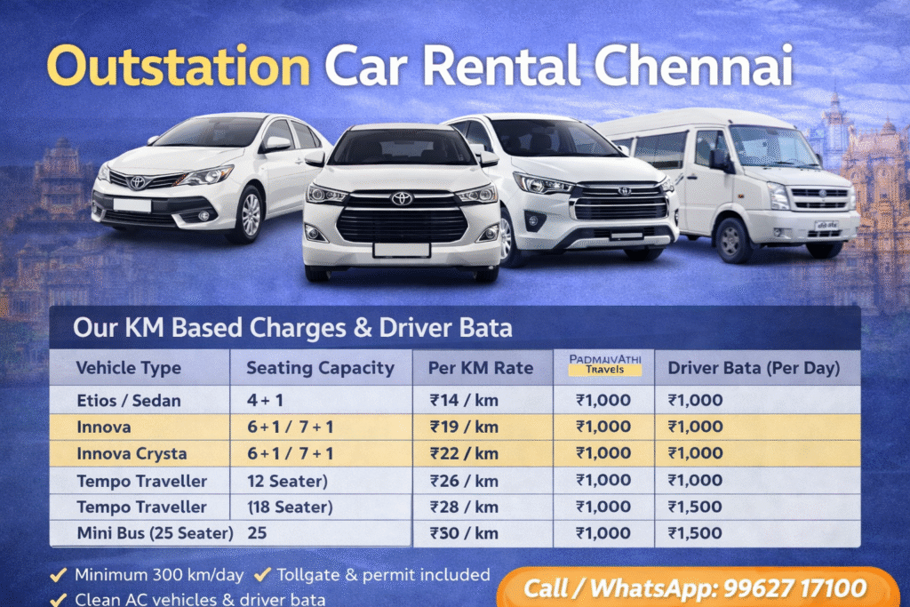 Outstation Car Rental Chennai – Comfortable & Reliable Travel with Padmavathi Travels