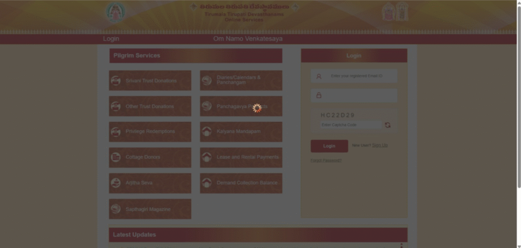 TTD login page error Srivani darshan booking problem